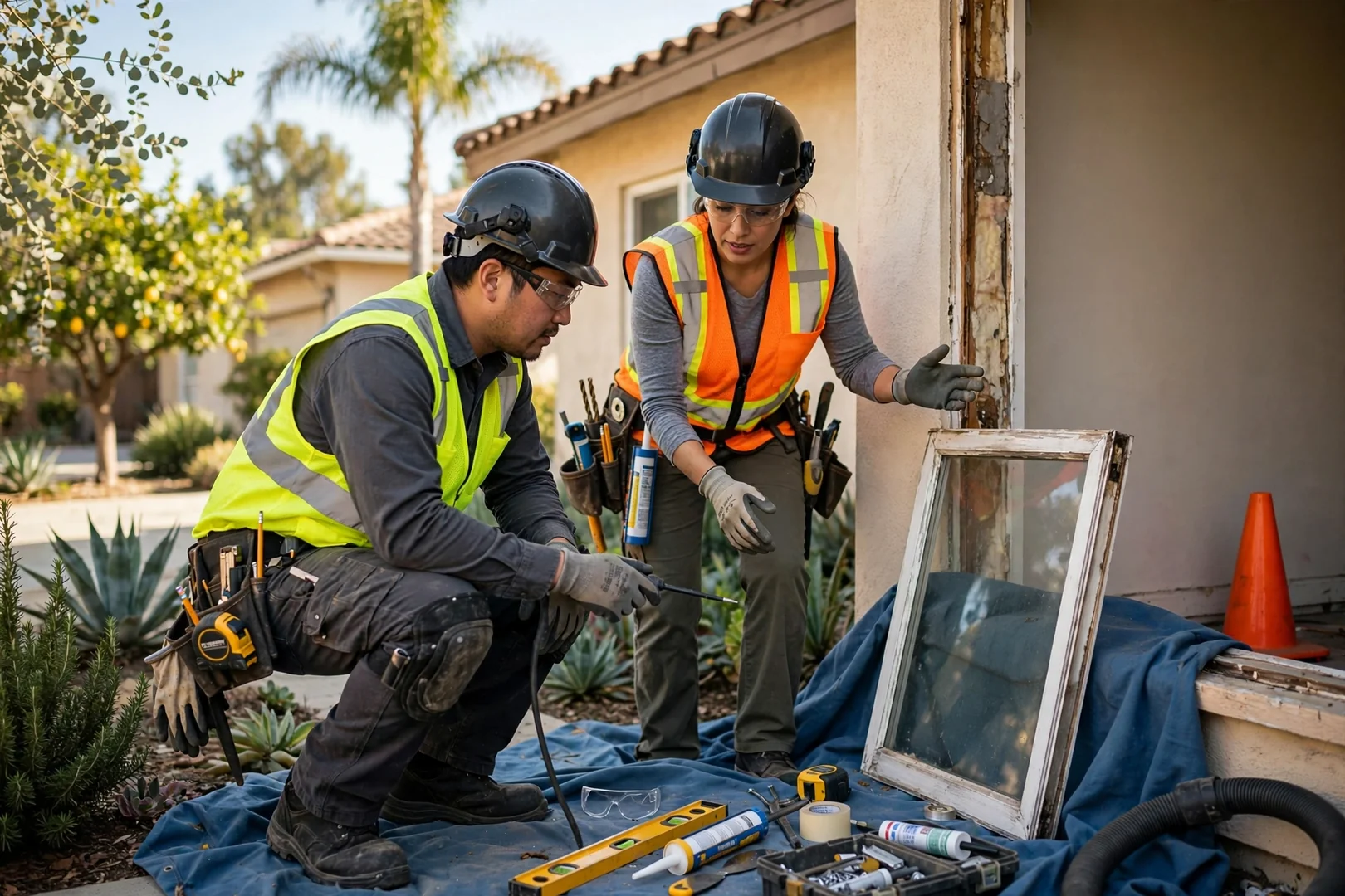 Technician reviewing window replacement estimate with Garden Grove homeowner